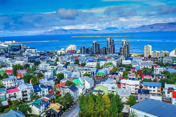 Colorful red green blue Houses Apartment Buildings Cars Bus Streets Ocean-Reykjavik-Iceland
